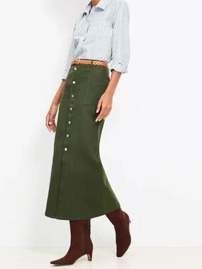 Loft Twill Skirt Button Front Green